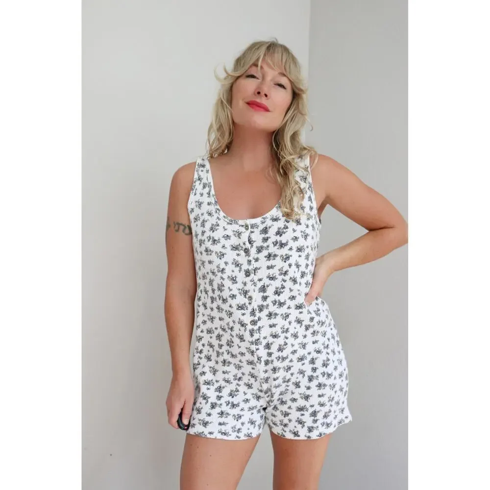 1990's Vintage Energie Thermal Button Front Floral Romper ~ Women's MD LG